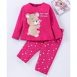 Babyhug 100% Cotton Full Sleeves Night Suit Bear Print - Maroon