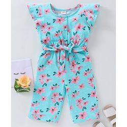 Babyhug Cap Sleeves 100% Cotton Jumpsuit Floral Print - Turquoise