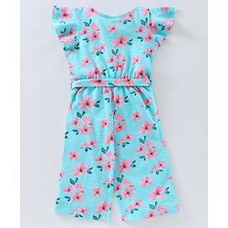 Babyhug Cap Sleeves 100% Cotton Jumpsuit Floral Print - Turquoise