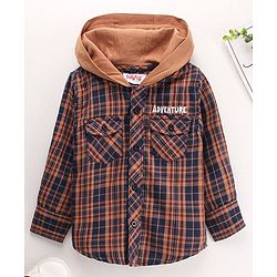Babyhug Full Sleeves Checks Hooded Shirt - Brown