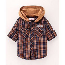 Babyhug Full Sleeves Checks Hooded Shirt - Brown