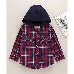 Babyhug Full Sleeves Checks Hooded Shirt with Front Pockets - Red