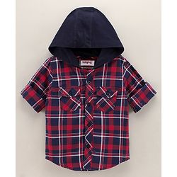 Babyhug Full Sleeves Checks Hooded Shirt with Front Pockets - Red