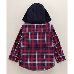 Babyhug Full Sleeves Checks Hooded Shirt with Front Pockets - Red