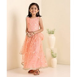Babyhug Woven Sleeveless Choli With Lehenga & Dupatta Floral  Embroidered - Peach