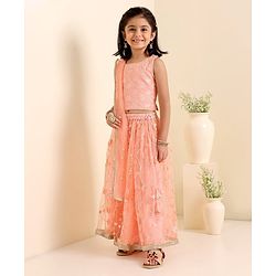 Babyhug Woven Sleeveless Choli With Lehenga & Dupatta Floral  Embroidered - Peach