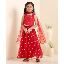 Babyhug Woven Sleeveless Choli With Lehenga & Dupatta Floral Embroidered - Red
