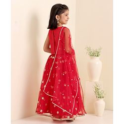 Babyhug Woven Sleeveless Choli With Lehenga & Dupatta Floral Embroidered - Red