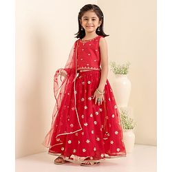 Babyhug Woven Sleeveless Choli With Lehenga & Dupatta Floral Embroidered - Red
