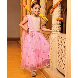 Babyhug Sleeveless Gold Sequence Choli With Embroidered Lehenga - Pink