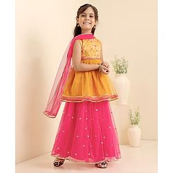 Babyhug Sleeveless Choli Lehenga And Dupatta With Floral Embroidery- Mustard Fuchsia