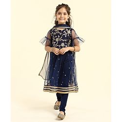 Babyhug Bell Sleeves Kurti & Churidar Set With Dupatta Embroidered Ethnic Design - Navy