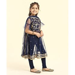 Babyhug Bell Sleeves Kurti & Churidar Set With Dupatta Embroidered Ethnic Design - Navy