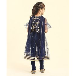 Babyhug Bell Sleeves Kurti & Churidar Set With Dupatta Embroidered Ethnic Design - Navy