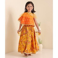Babyhug Woven Sleeveless Embroidery Choli With Floral Printed Lehenga And Dupatta - Orange
