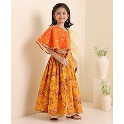 Babyhug Woven Sleeveless Embroidery Choli With Floral Printed Lehenga And Dupatta - Orange