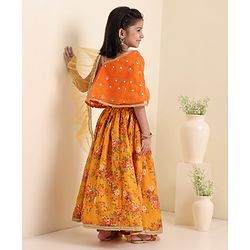 Babyhug Woven Sleeveless Embroidery Choli With Floral Printed Lehenga And Dupatta - Orange