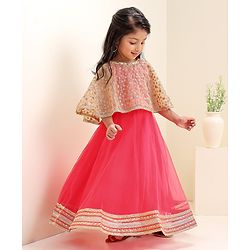 Babyhug Sleeveless Solid Color Dress With Embroidered Poncho - Beige Pink