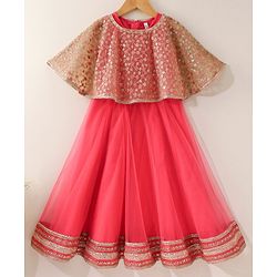 Babyhug Sleeveless Solid Color Dress With Embroidered Poncho - Beige Pink