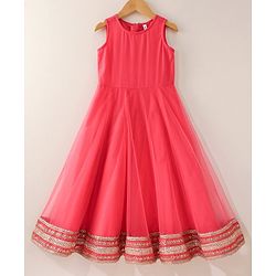 Babyhug Sleeveless Solid Color Dress With Embroidered Poncho - Beige Pink