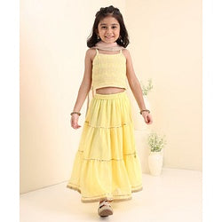 Babyhug Singlet Sleeves Woven Choli & Lehenga With Dupatta Floral Embroidery - Yellow