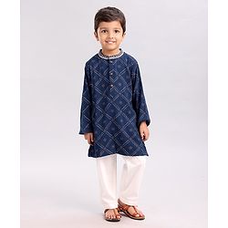 Babyhug Cotton Woven Full Sleeves Kurta & Pajama Set Ethnic Print - Indigo