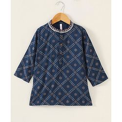 Babyhug Cotton Woven Full Sleeves Kurta & Pajama Set Ethnic Print - Indigo