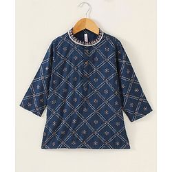 Babyhug Cotton Woven Full Sleeves Kurta & Pajama Set Ethnic Print - Indigo