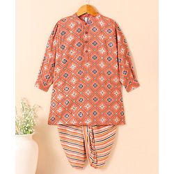 Babyhug Cotton Woven Full Sleeves Kurta & Dhoti Set Ethnic Print - Peach