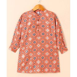 Babyhug Cotton Woven Full Sleeves Kurta & Dhoti Set Ethnic Print - Peach