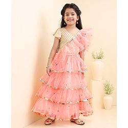 Babyhug One Shoulder Choli & Glitter Printed Lehenga With Dupatta - Peach