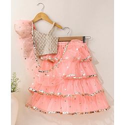 Babyhug One Shoulder Choli & Glitter Printed Lehenga With Dupatta - Peach