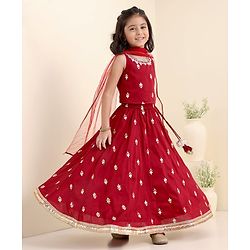 Babyhug Sleeveless Woven Choli & Lehenga With Dupatta Floral Embroidered - Maroon