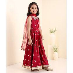Babyhug Sleeveless Woven Choli & Lehenga With Dupatta Floral Embroidered - Maroon