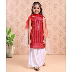 Babyhug Sleeveless Kurti & Sharara With Dupatta Sequins Embroidered - Red