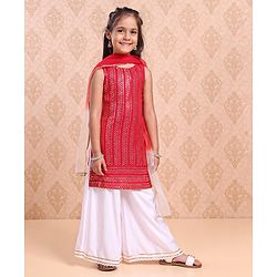 Babyhug Sleeveless Kurti & Sharara With Dupatta Sequins Embroidered - Red