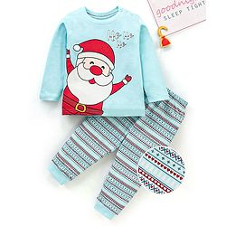 Babyhug Full Sleeves Nightwear Pyjama Set Santa Clause Print - Blue