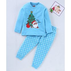 Babyhug Full Sleeves Night Suit Santa Claus Print - Light Blue