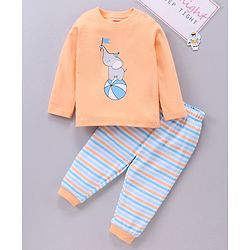 Babyhug Cotton Knit Full Sleeves Elephant Print & Striped Night Suit - Orange