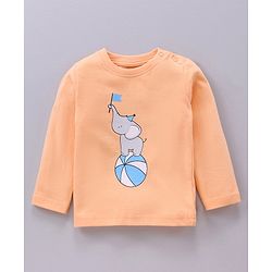 Babyhug Cotton Knit Full Sleeves Elephant Print & Striped Night Suit - Orange