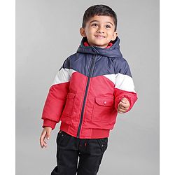 Babyhug Full Sleeves Color Block Detachable Hood Winter Jacket - Red Navy Blue White