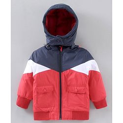Babyhug Full Sleeves Color Block Detachable Hood Winter Jacket - Red Navy Blue White