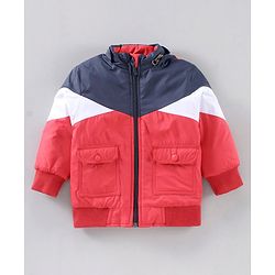 Babyhug Full Sleeves Color Block Detachable Hood Winter Jacket - Red Navy Blue White