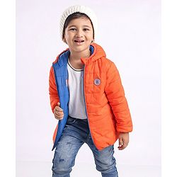 Babyhug Nylon Elastane Full Sleeves Hooded Reversible Jacket - Orange and Blue