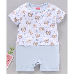 Babyhug 100% Cotton Half Sleeves Rompers Bear Face Print- Blue