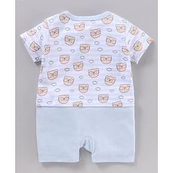 Babyhug 100% Cotton Half Sleeves Rompers Bear Face Print- Blue