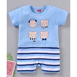 Babyhug 100% Cotton Half Sleeves Romper Bear Face Print - Blue