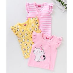 Babyhug 100% Cotton Half Sleeves Striped & Cat Printed Vest Pack Of 3 - Multicolour