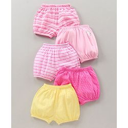 Babyhug 100% Cotton Bloomers Cat Print & Striped Pack Of 5 - Pink Yellow