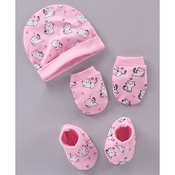 Babyhug 100% Cotton Cap Mittens & Booties Set Cat Print - Pink